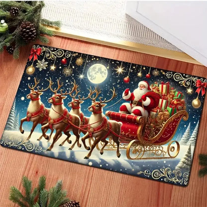 Christmas Santa Reindeer Sleigh Rug – Non-Slip Holiday Floor Mat