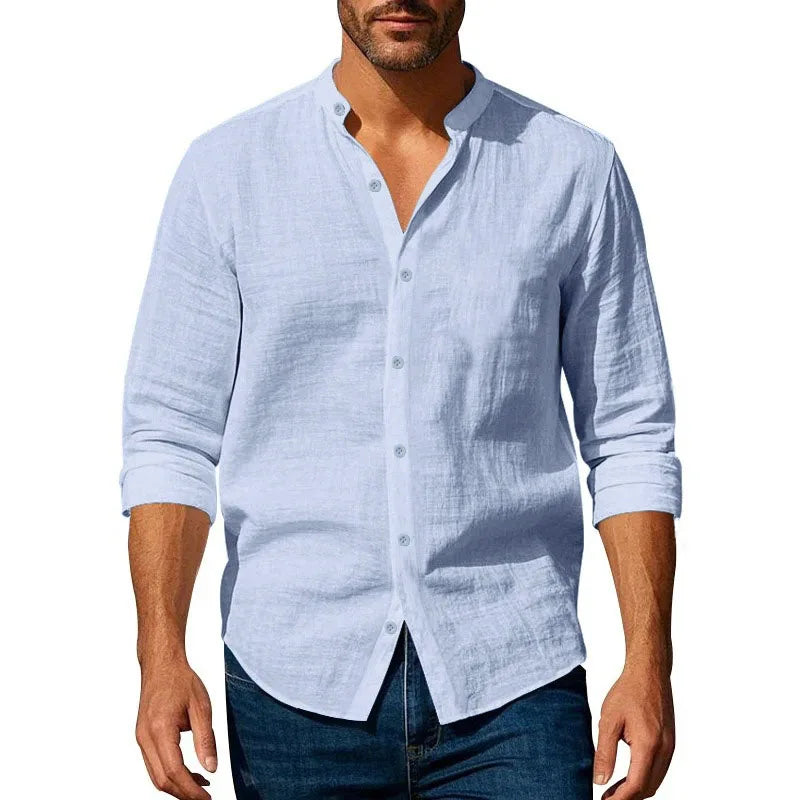Men's Cotton Linen Long Sleeve Shirt – Slim Fit Henley Button-Up