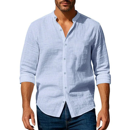 Men's Cotton Linen Long Sleeve Shirt – Slim Fit Henley Button-Up