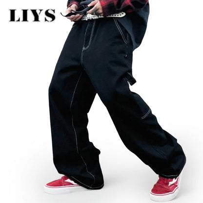 Retro Black Cargo Denim Jeans Men – Straight Leg Korean Streetwear Pants