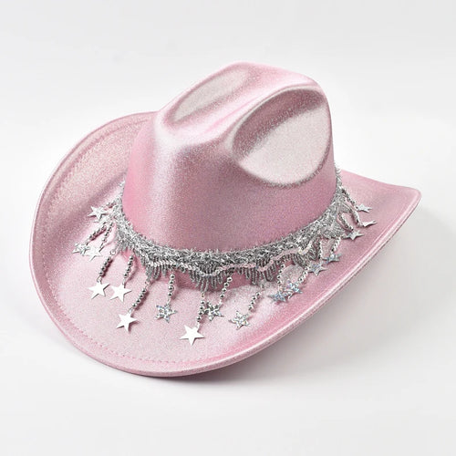 Sequin Cowgirl Hat with Rhinestone Star Fringe – Women's Festival & Party Hat