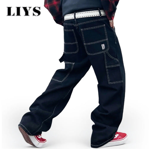 Retro Black Cargo Denim Jeans Men – Straight Leg Korean Streetwear Pants