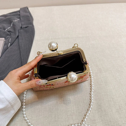 Floral Embroidery Kiss-Lock Shoulder Bag with Pearl Chain