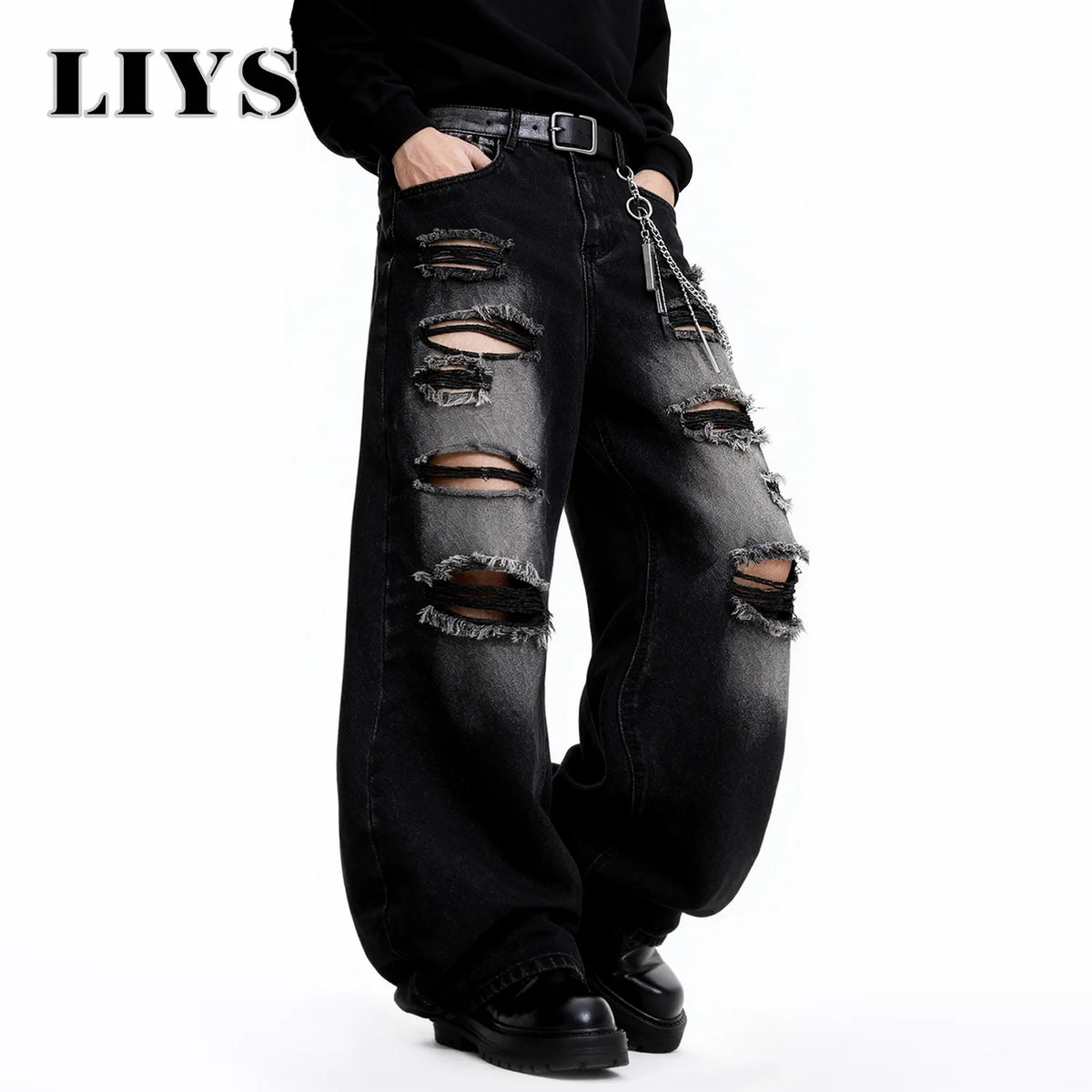 Baggy Ripped Jeans Unisex Gothic Wide Leg Distressed Denim Pants Streetwear