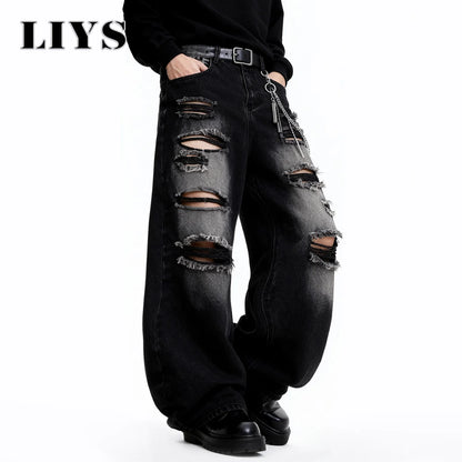Baggy Ripped Jeans Unisex Gothic Wide Leg Distressed Denim Pants Streetwear