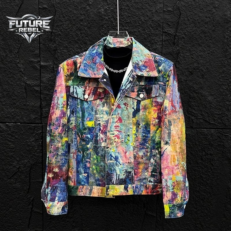 Graffiti Print Denim Jacket – Men's Y2K Streetwear Loose Fit