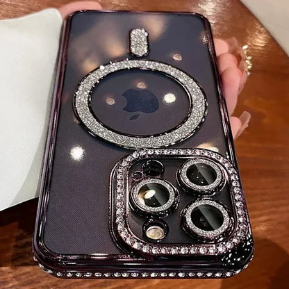 New Fashion Glitter Diamond Transparent Case For iPhone 17/ 16/ 15/ 14/ 13/ 11/ 12 Pro Max Funda Magnetic Wireless Charge Bumper Cover