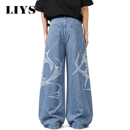 Tribal Graffiti Print Baggy Wide-Leg Jeans – Unisex Hip Hop Style