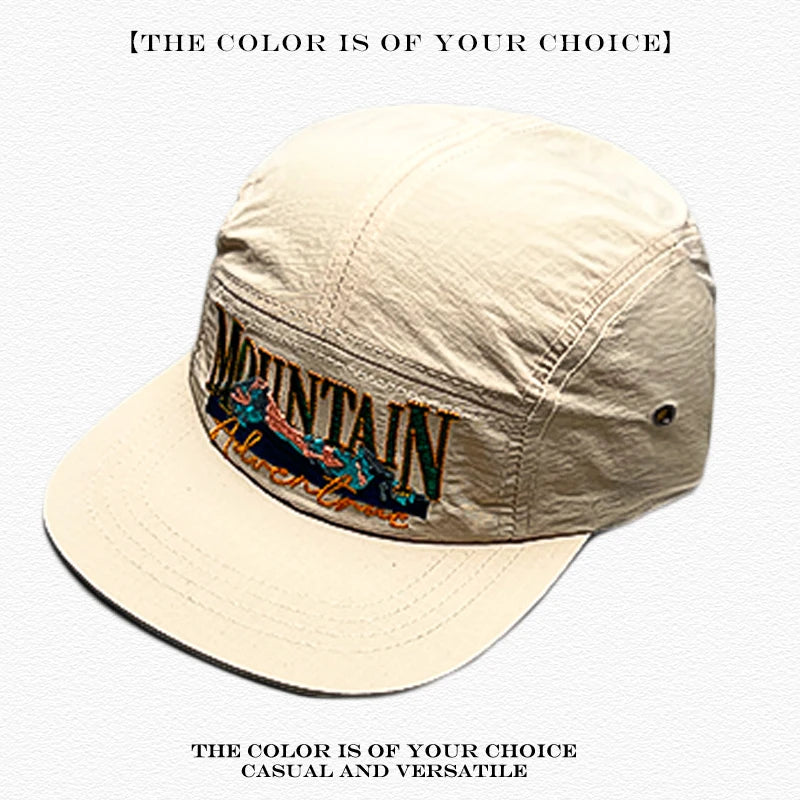 Mountain Adventure Embroidered 5-Panel Camp Cap – Quick-Dry Outdoor Hat