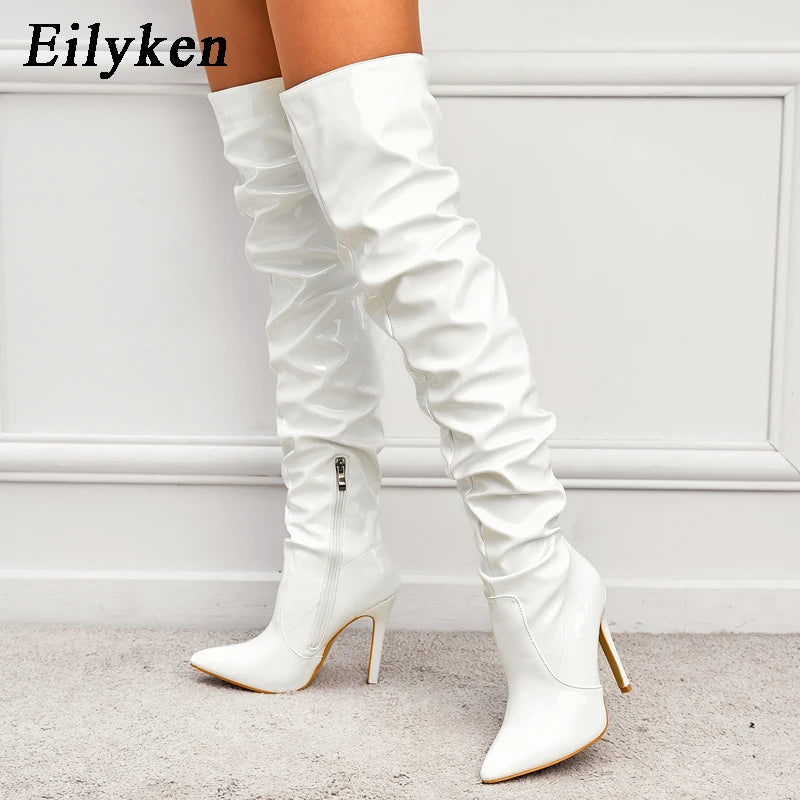 Over-the-Knee Stiletto Boots – Patent Leather Pointed Toe Side Zipper