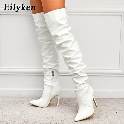 Over-the-Knee Stiletto Boots – Patent Leather Pointed Toe Side Zipper