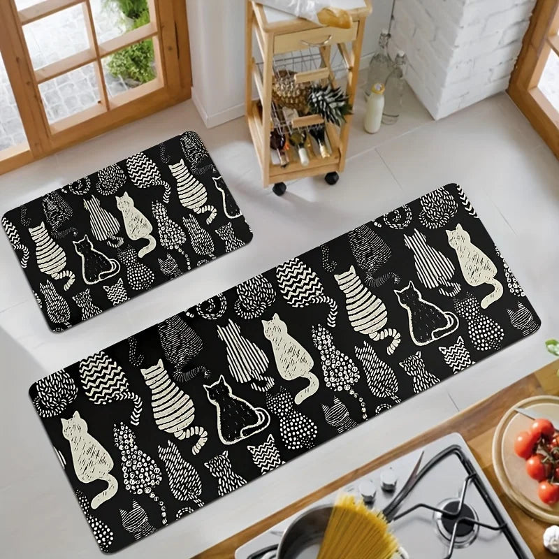 Black Cat Kitchen Rug Set of 2 – Non-Slip Washable Floor Mats