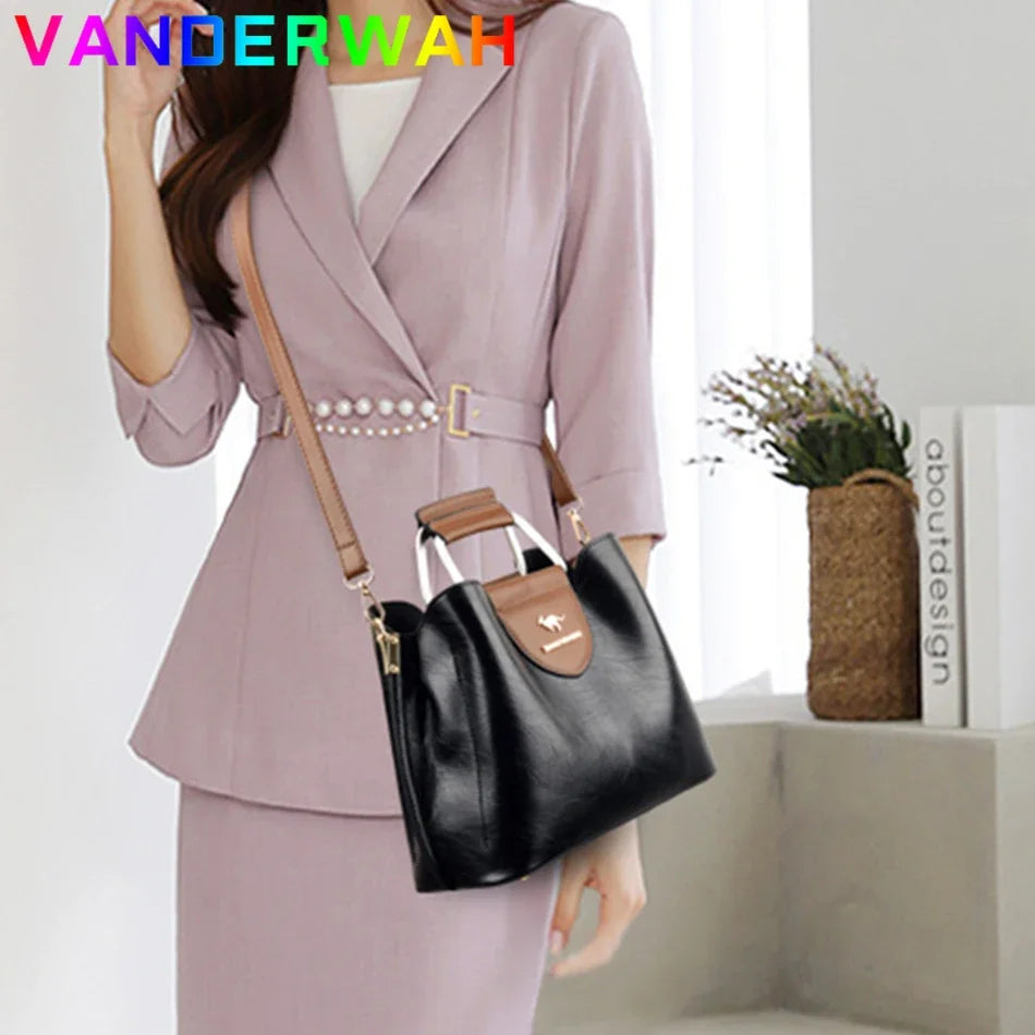 Luxury Oil Skin Leather Tote Bag for Women – 3-Layer Shoulder Handbag