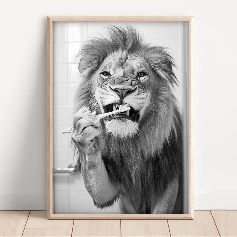 Funny Animal Bathroom Wall Art Poster – Black & White Vintage Print