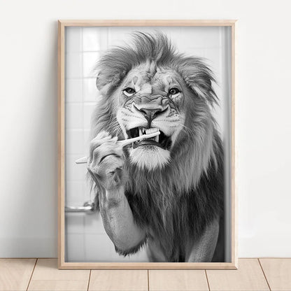 Funny Animal Bathroom Wall Art Poster – Black & White Vintage Print