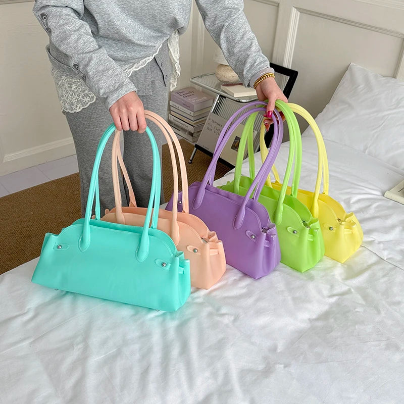 PVC Shoulder Bag for Women – Solid Color Mini Tote Handbag