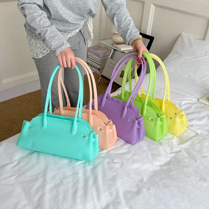 PVC Shoulder Bag for Women – Solid Color Mini Tote Handbag