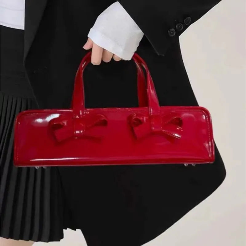 Retro Bow Red Y2k Hot Girls Leather Zipper Shoulder Bags
