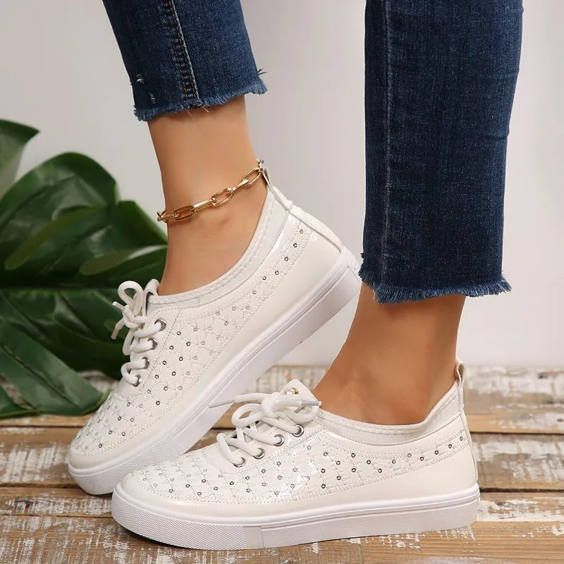 Women's Floral Lace Sneakers – Rhinestone Lace-Up Casual Flat Shoes