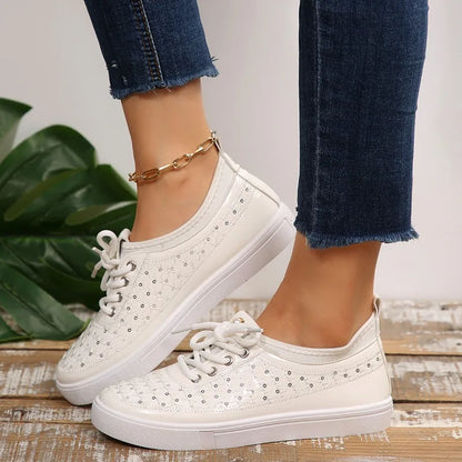 Women's Floral Lace Sneakers – Rhinestone Lace-Up Casual Flat Shoes