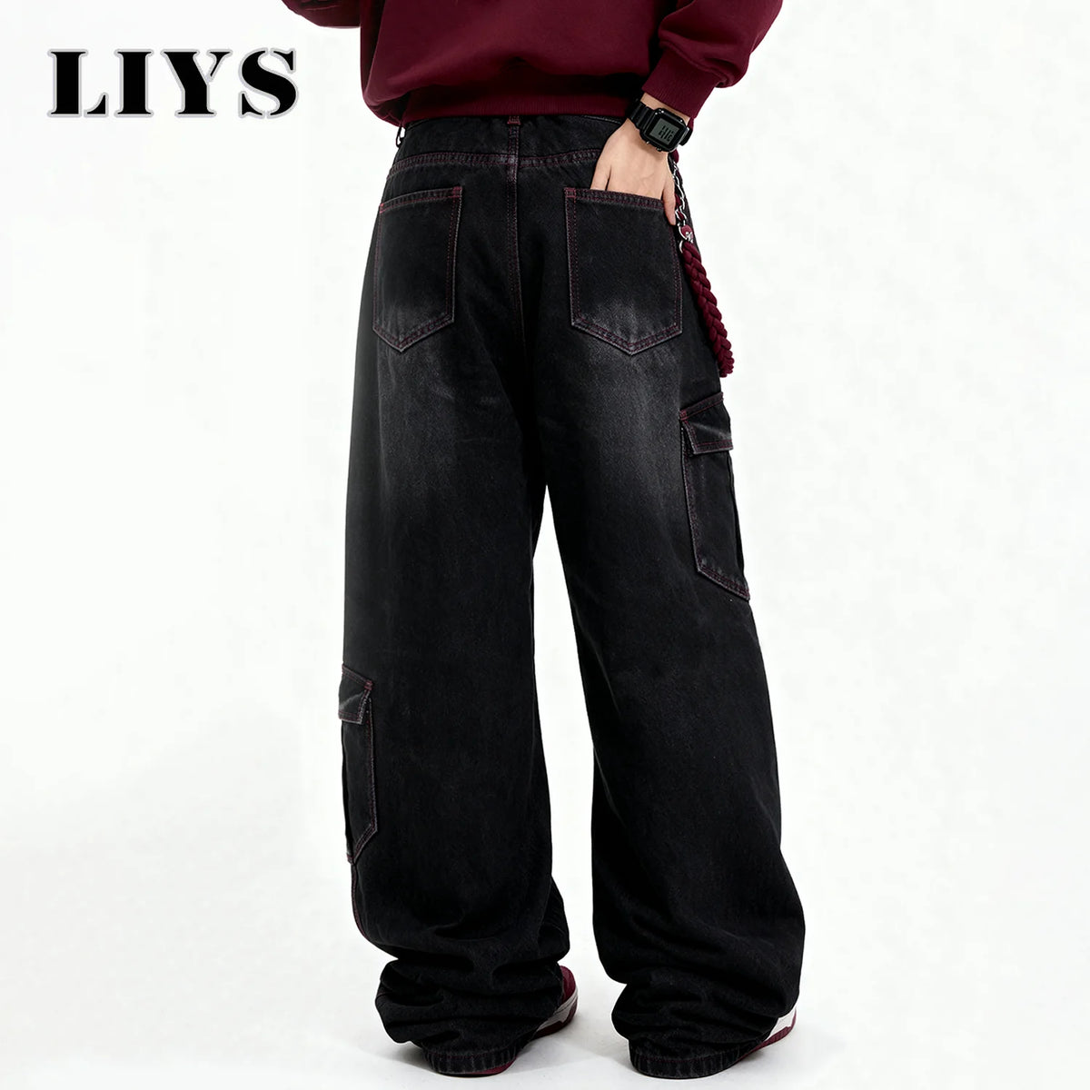 Men S American Street Retro Deconstruction Loose Wide Leg Jeans Unisex Baggy Clothes Multi Pocket