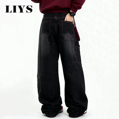 Men S American Street Retro Deconstruction Loose Wide Leg Jeans Unisex Baggy Clothes Multi Pocket