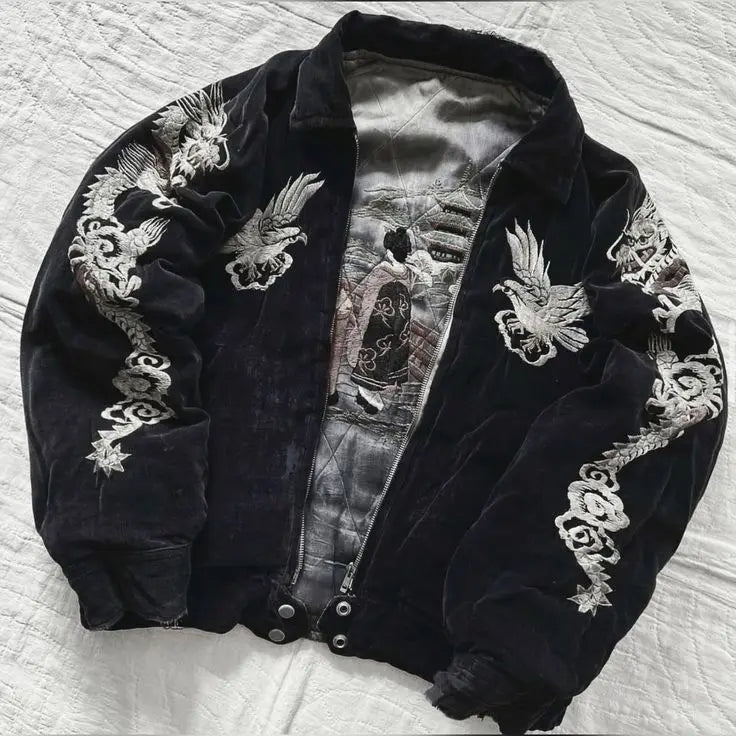 Dragon Embroidered Bomber Jacket – Y2K Harajuku Streetwear