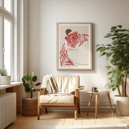 Feminine Floral Wall Art Print – Woman with Roses Minimalist Poster
