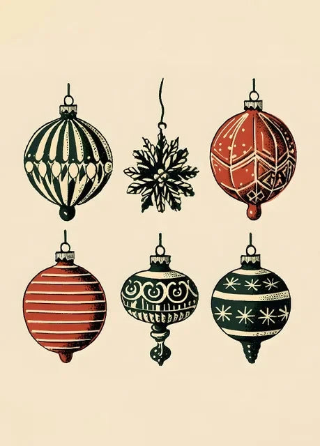 Vintage Christmas Ornaments Wall Art Print – Festive Holiday Decor