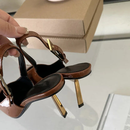 Pointed Toe Slingback Pumps with Metal Buckle Strap