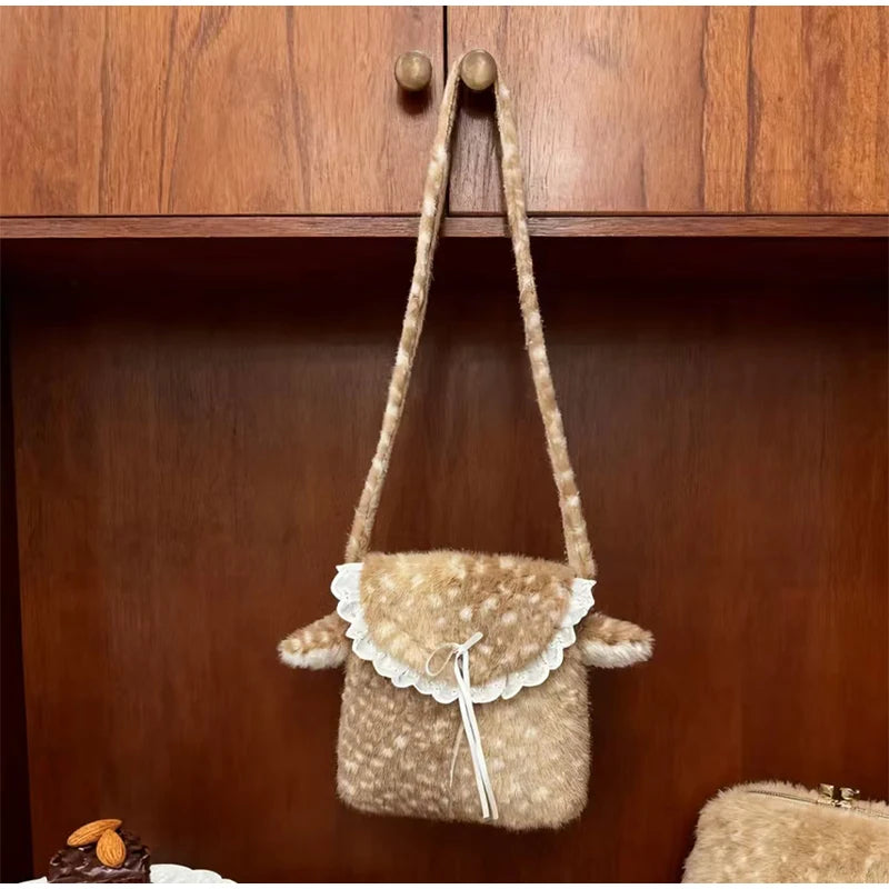 Women Plush Deer Spotted Handbag