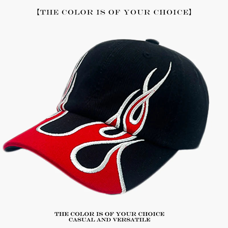 Flame Embroidered Baseball Cap – Y2K Street Style Hat for Men & Women