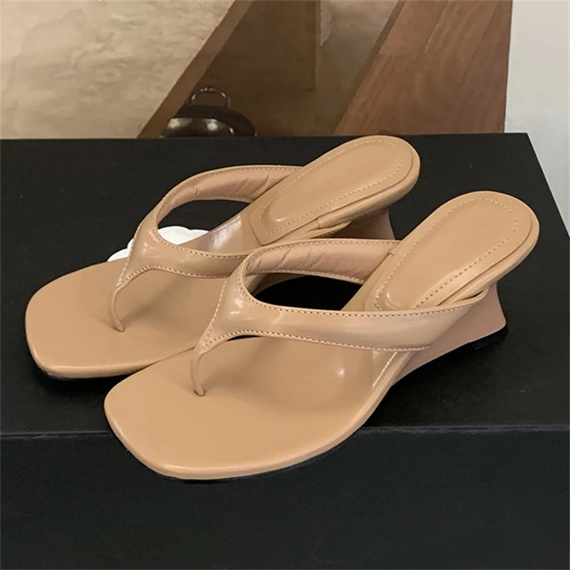 Women's Wedge Heel Flip Flop Sandals Square Toe