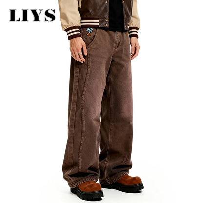 Brown Baggy Wide Leg Jeans – Retro Cartoon Embroidery Loose Denim Pants