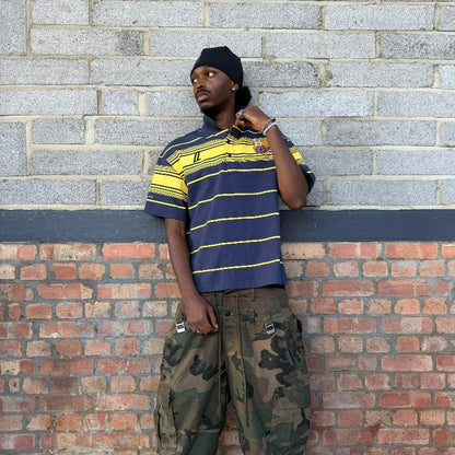 Y2K Striped Polo Shirt – Retro Embroidered Logo Unisex Tee