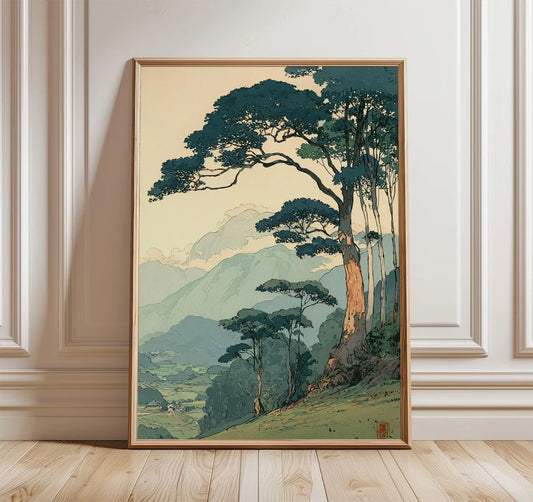 Vintage Japanese Forest Mountain Landscape Poster – Unframed Wall Art