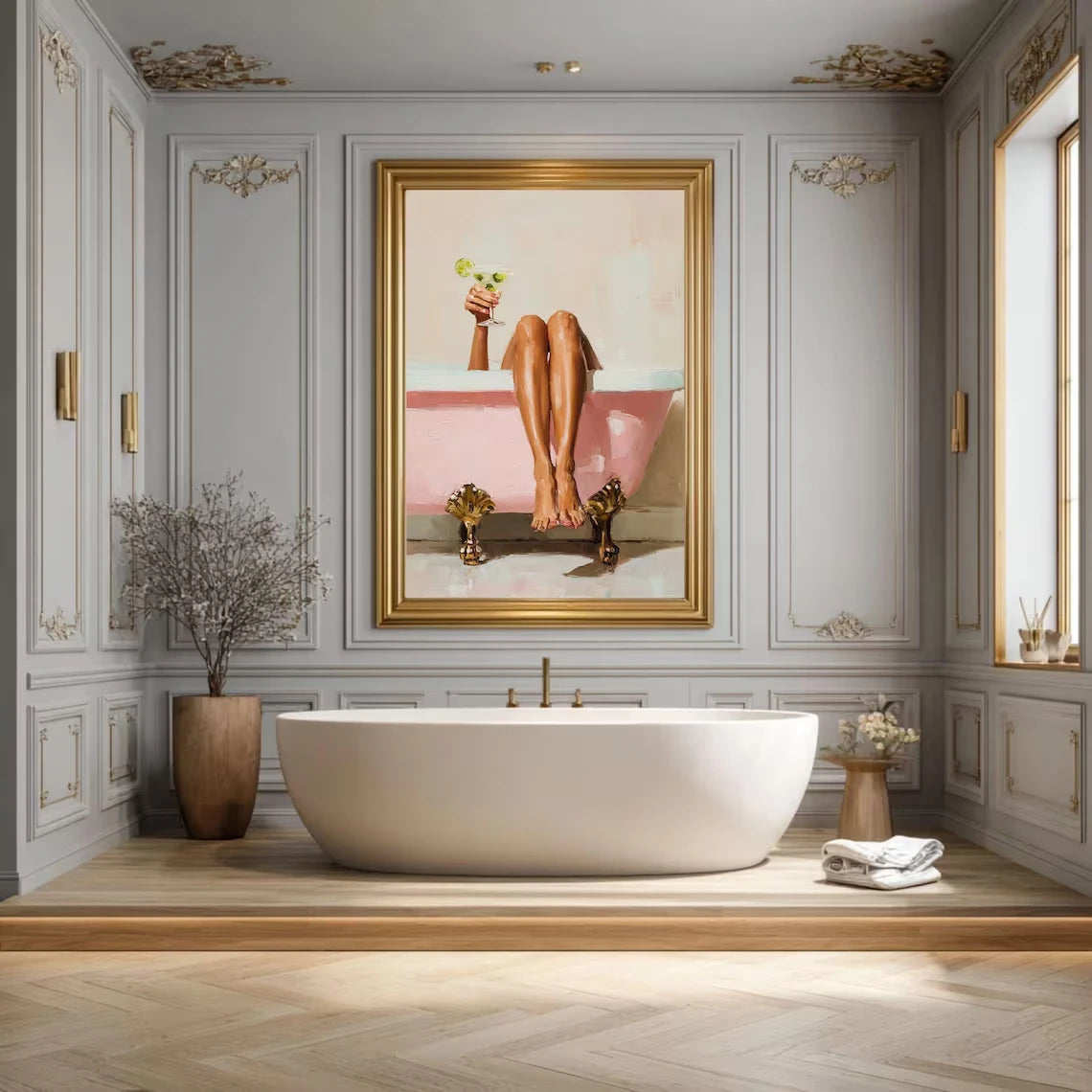 Pink Bathtub Martini Wall Art Print – Feminine Bathroom Self-Care Poster
