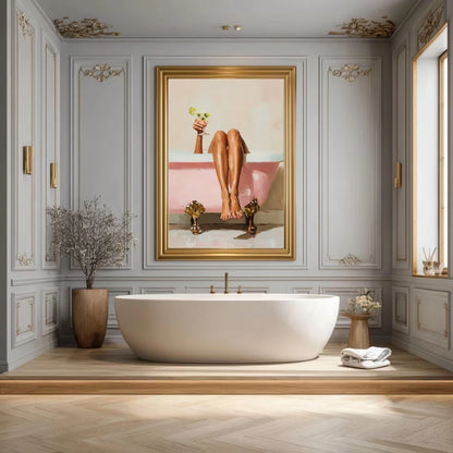 Pink Bathtub Martini Wall Art Print – Feminine Bathroom Self-Care Poster