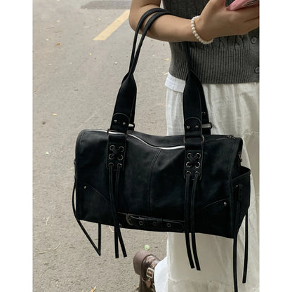 Retro Motorcycle Handbag Women Horizontal Tassel Design
