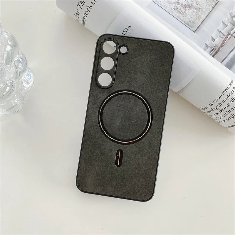 Leather Samsung Galaxy Case – Magnetic Wireless Charging Cover S21–S26