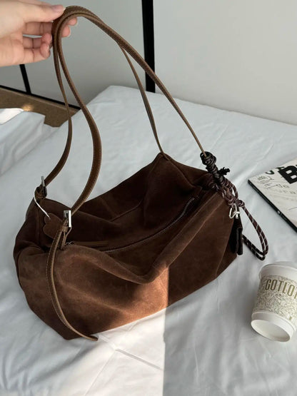 Vintage Large Capacity Tote Bag Women Retro Suede Casual Shoulder Bags