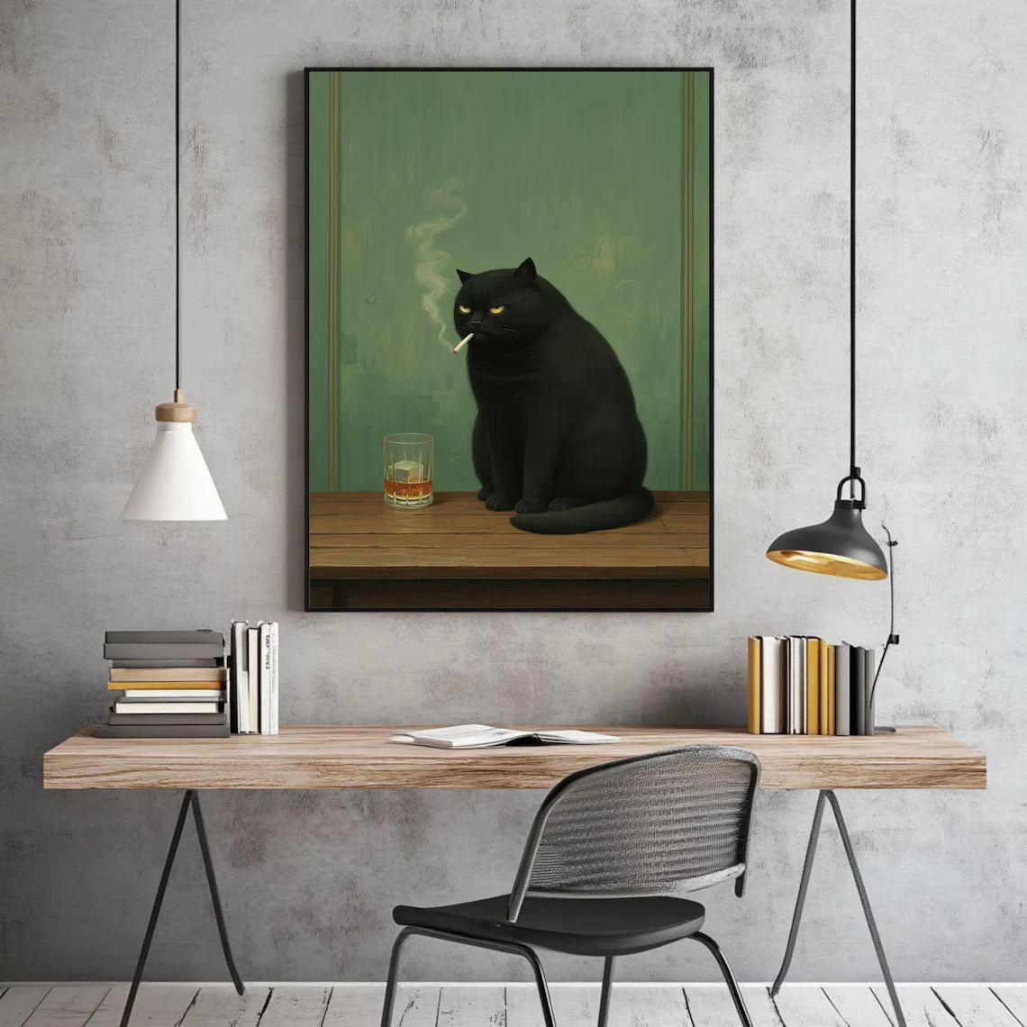 Moody Black Cat Smoking Whiskey Wall Art Canvas Poster