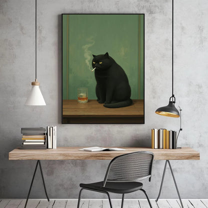 Moody Black Cat Smoking Whiskey Wall Art Canvas Poster