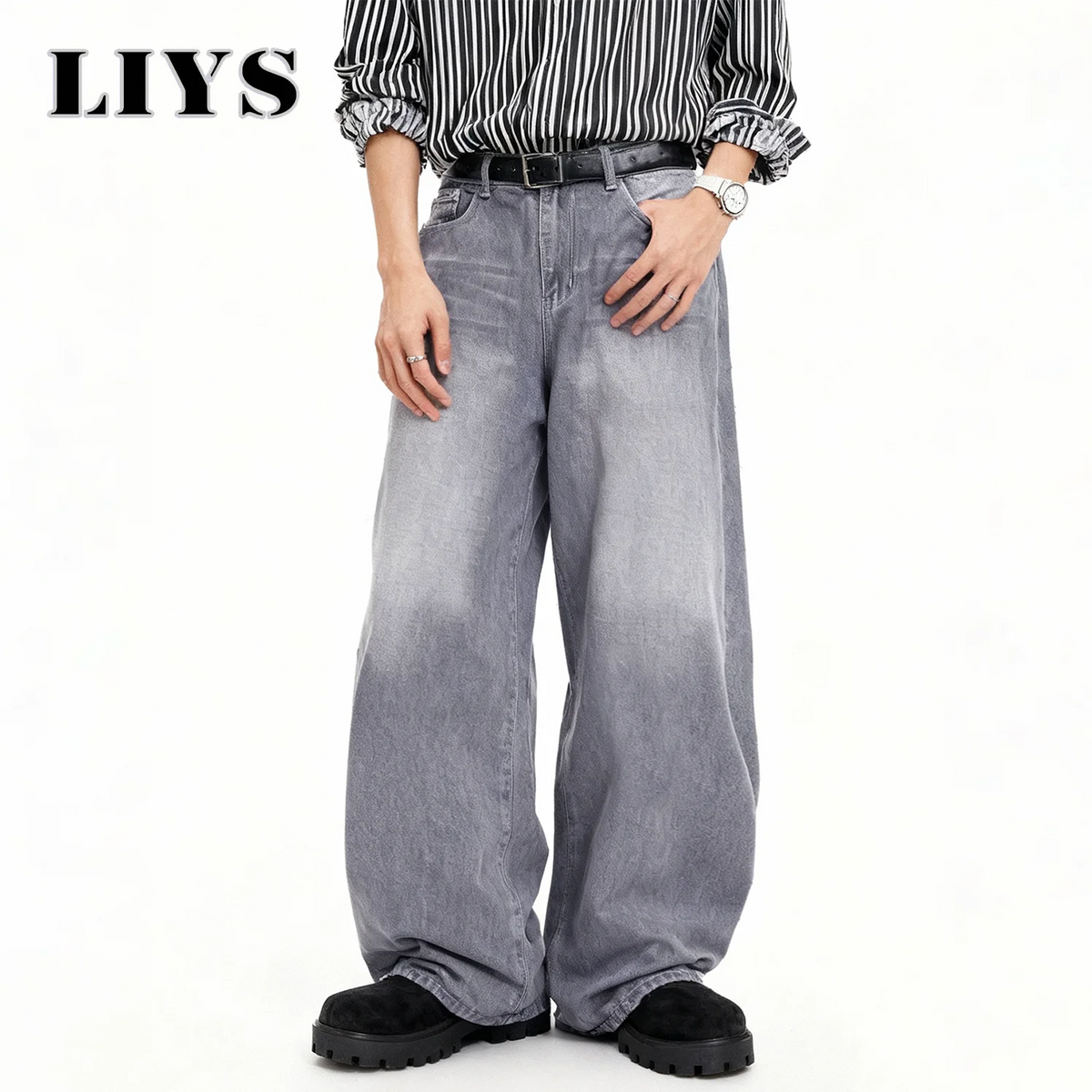 Men's Ultra Baggy Wide Leg Jeans – Washed Grey Retro Denim