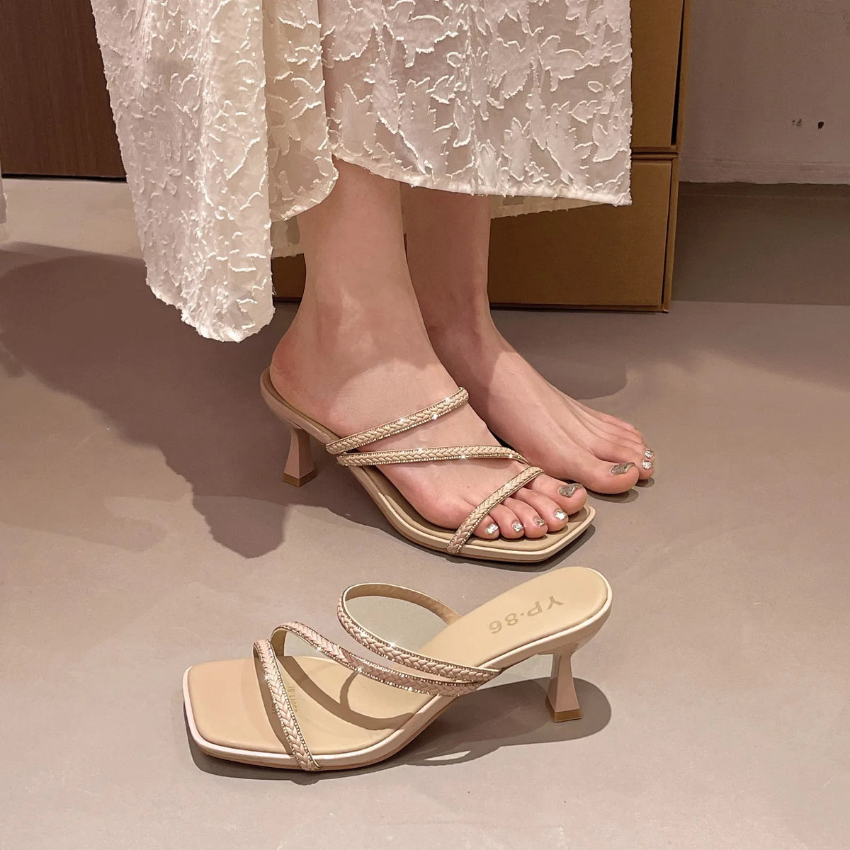 Open Toe Strappy Heeled Sandals – Women's Square Toe Mules