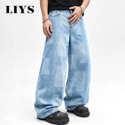 Patchwork Grid Baggy Wide-Leg Jeans – Men's Retro Streetwear Denim