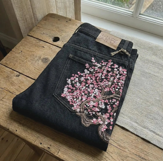 Baggy Flare Jeans with Dollar Sign Embroidery – Y2K Wide Leg Denim