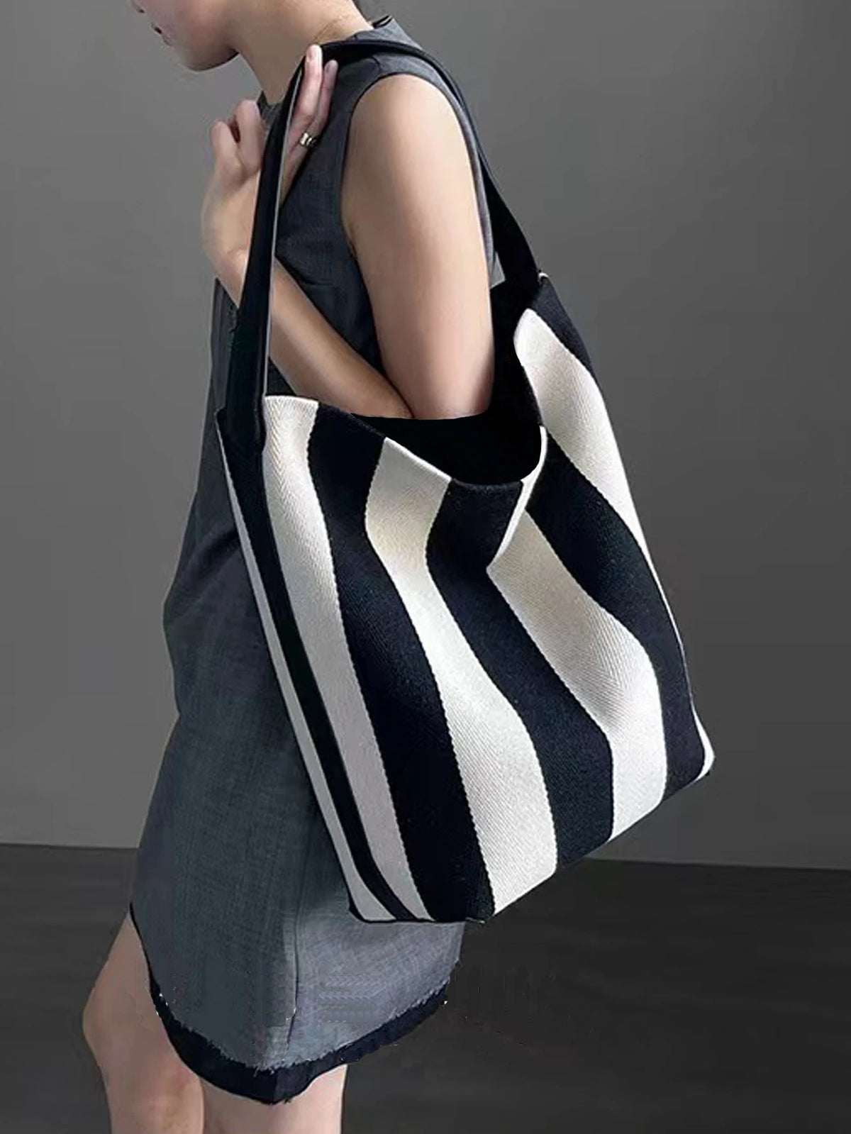 Striped Canvas Bucket Commuter Tote Bag