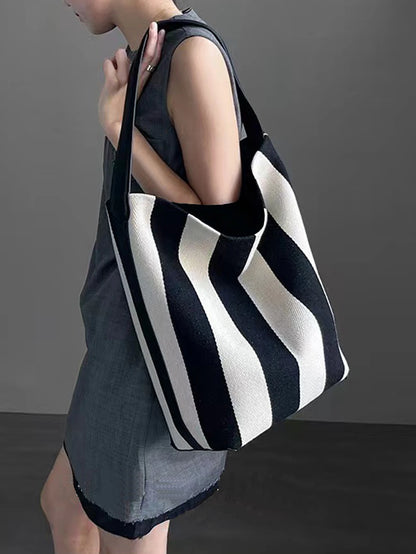 Striped Canvas Bucket Commuter Tote Bag