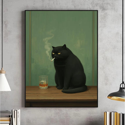 Moody Black Cat Smoking Whiskey Wall Art Canvas Poster